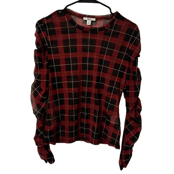 *CLEARANCE* Bar III sheer chiffon ruched sleeve red & black plaid long sleeve - Picture 2 of 9